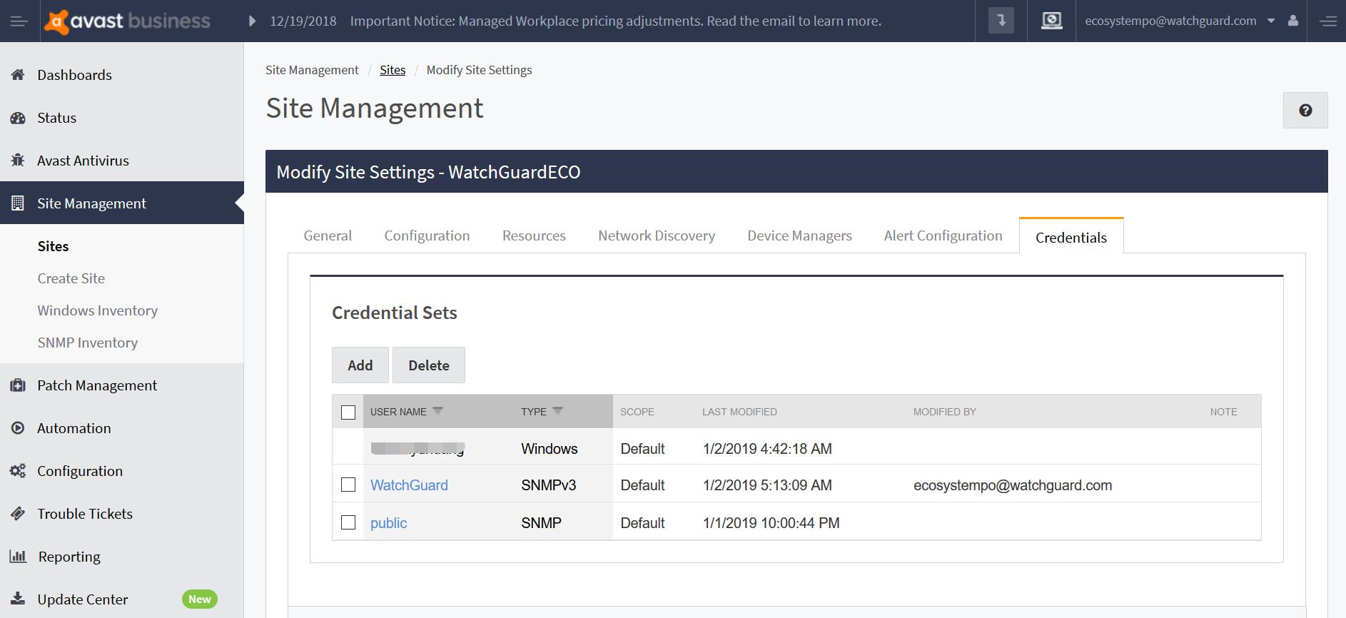 Screenshot of AVG Business Site Management, Create Credential Sets Add dialog box